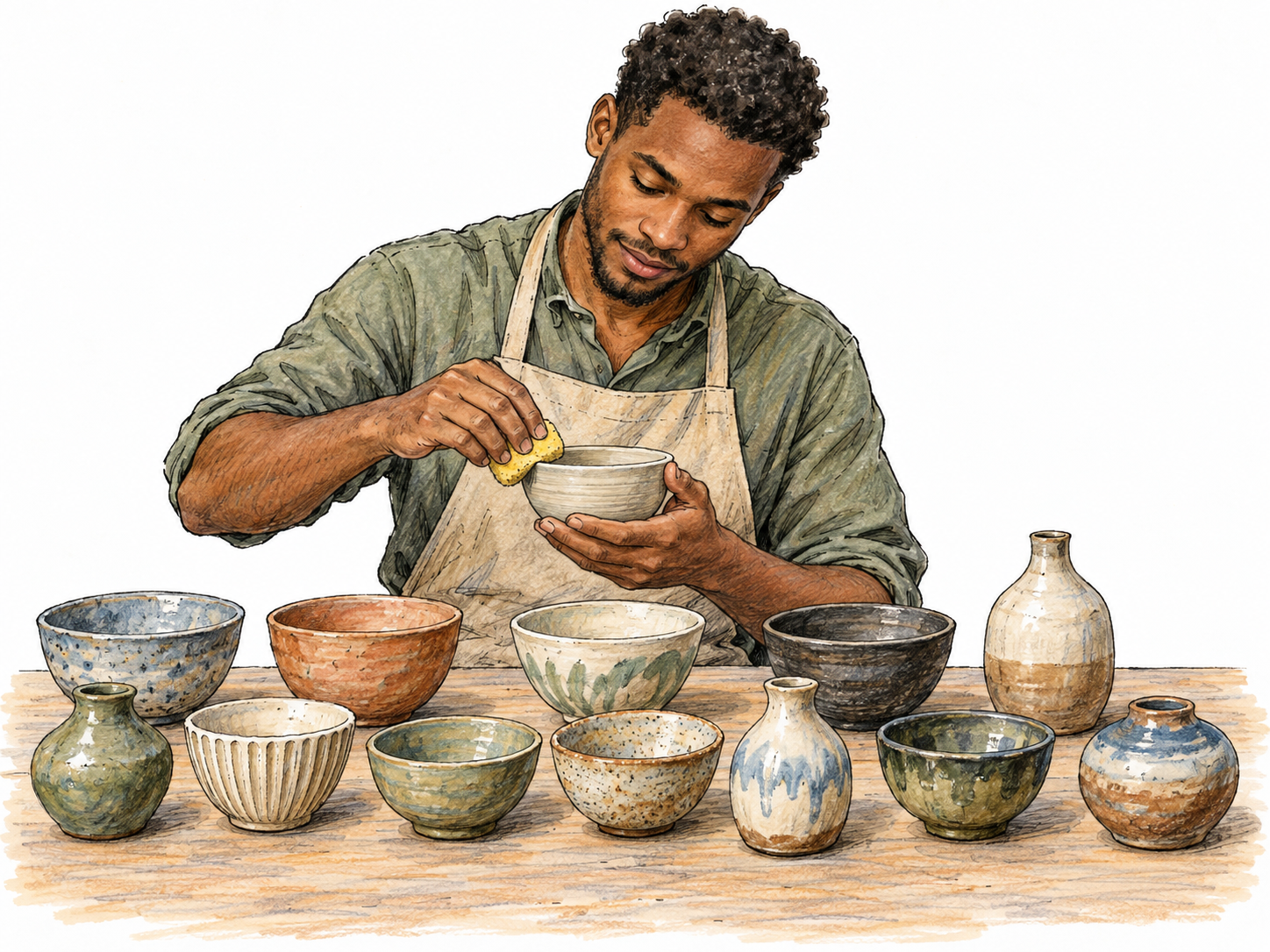 A prolific ceramic artist finishes another bowl beside a clearly visible abundance of completed handmade bowls and vases.