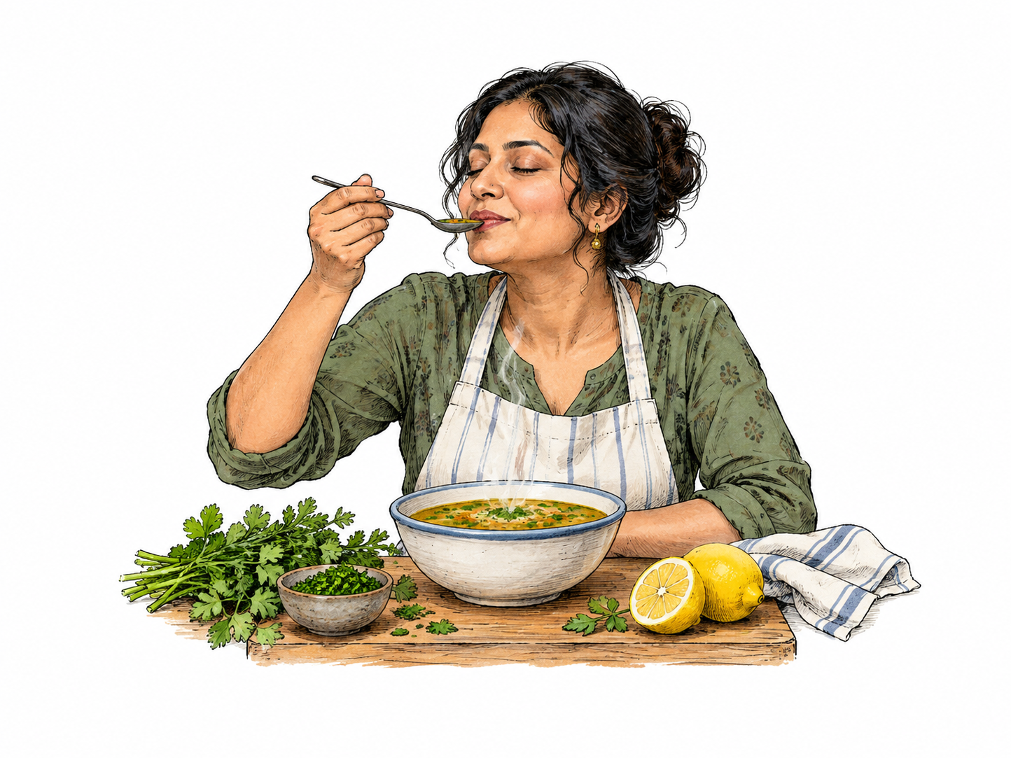 Cook tastes a spoonful of soup with eyes closed appreciatively, herbs and lemon beside bowl.