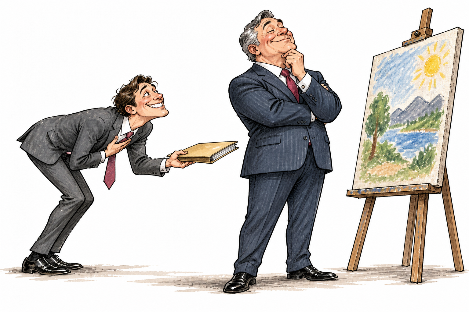 Junior employee bends obsequiously praising powerful boss's mediocre painting while extending a promotion folder, exaggerated flattery and calculating glance, no lettering.