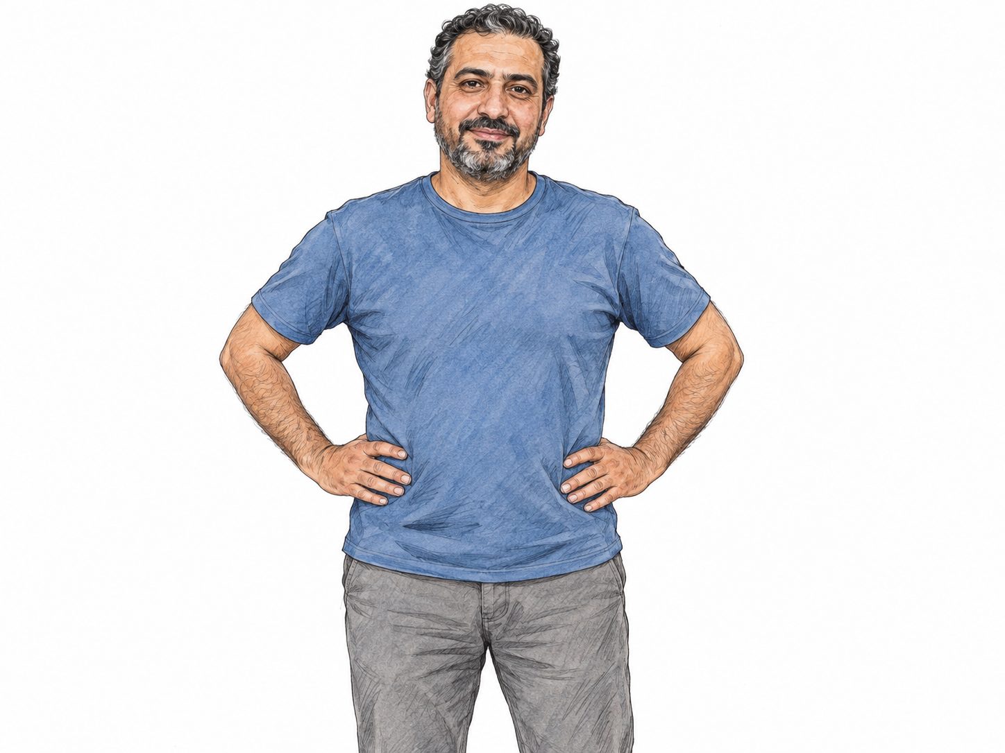 A middle-aged Middle Eastern or North African man stands facing forward with his hands resting lightly at his natural waist, clearly indicating the narrower area between his ribs and hips.