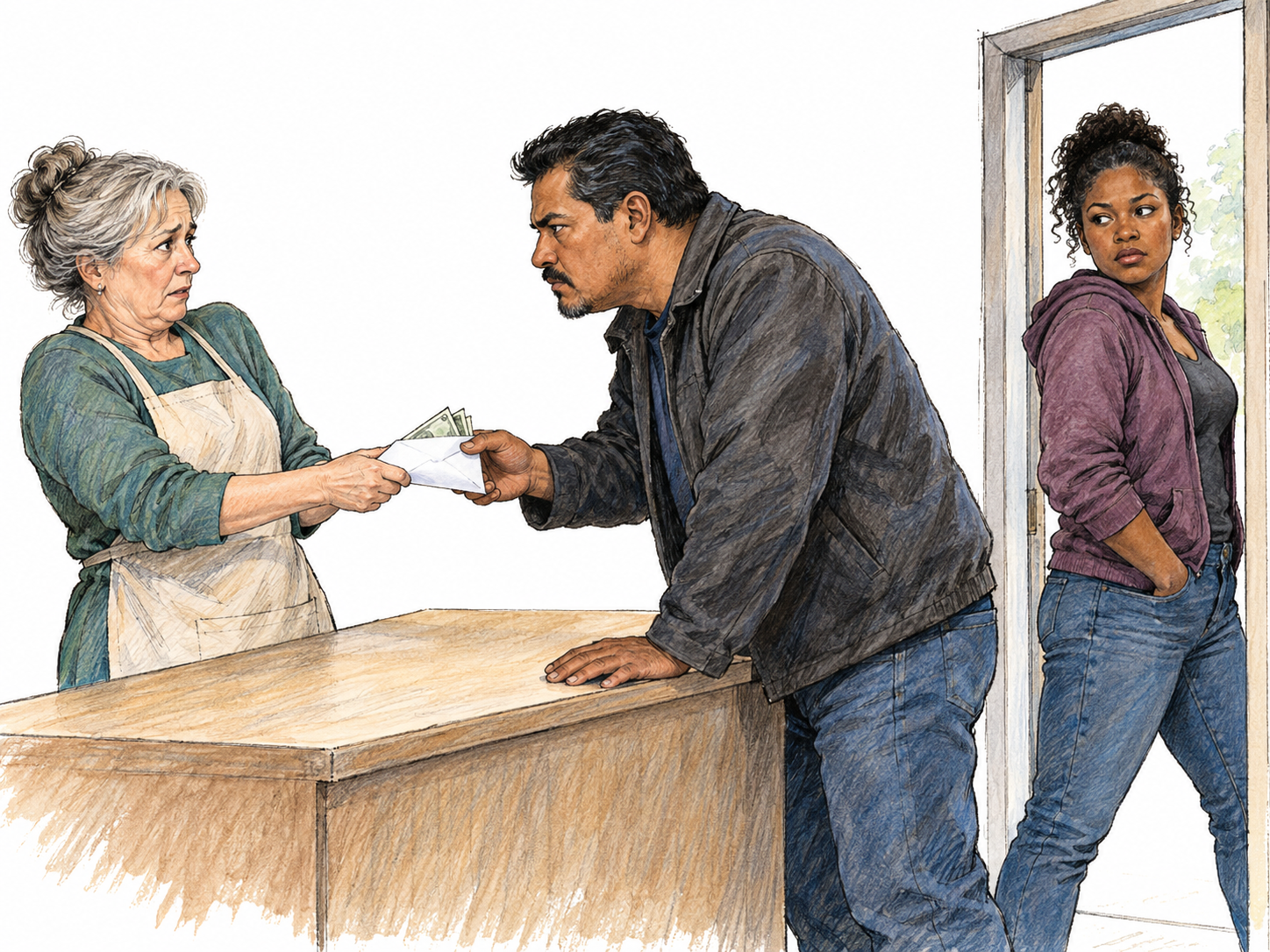 A discreet extortion handoff at a small shop counter: two coordinated criminals intimidate a shopkeeper into surrendering a cash envelope, with one collecting it while the other blocks the exit.