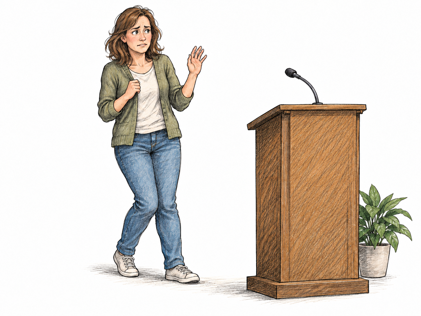 An adult hesitates before volunteering at a small lectern, feet held back and hand half-raised, showing unwillingness despite opportunity; one adult only.