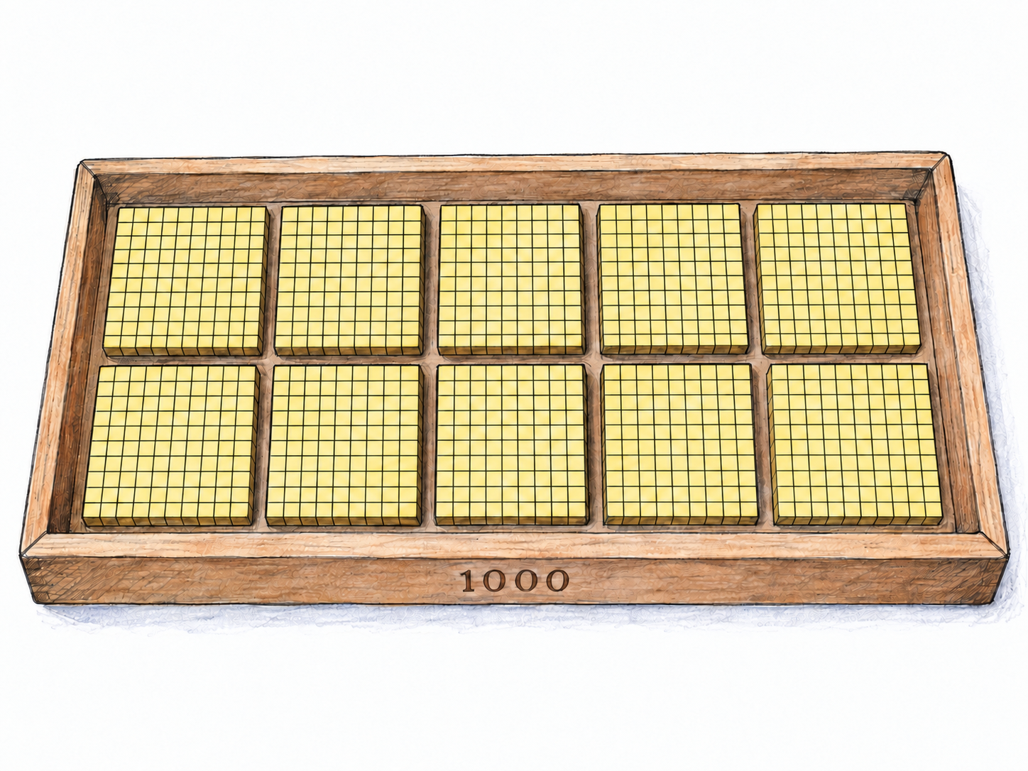 Ten base-ten hundred flats arranged in two rows of five on a shallow counting tray marked 1000; each flat visibly contains a ten-by-ten grid of unit squares.