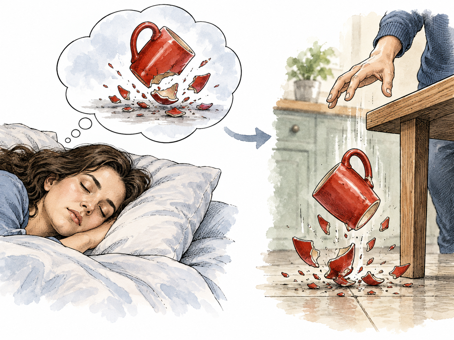 Person dreams of a red cup breaking; separate later vignette cup falls, clearly imagined premonition.