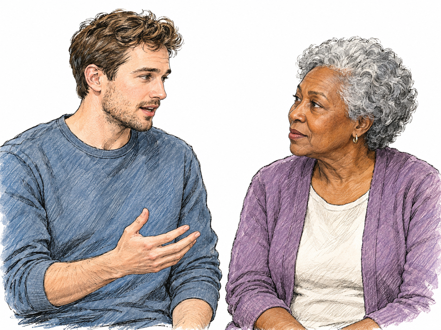 A young man visibly addresses an attentive older woman, his mouth mid-word and one hand making a small conversational gesture; her closed mouth and attentive gaze distinguish speaking from listening.