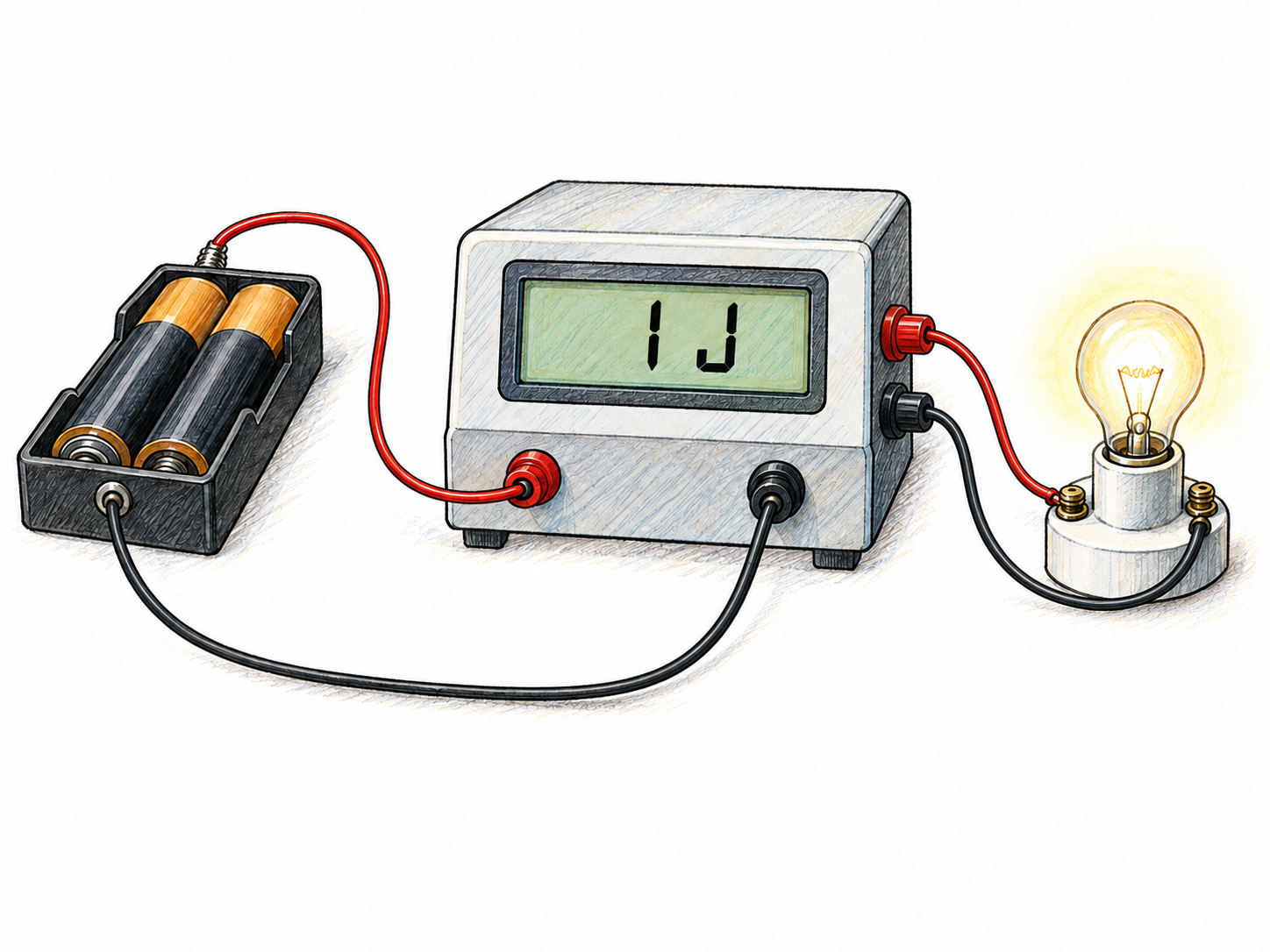 A laboratory energy meter connected between a battery and a small glowing bulb displays “1 J,” making the standard energy unit visible as an actual instrument reading.