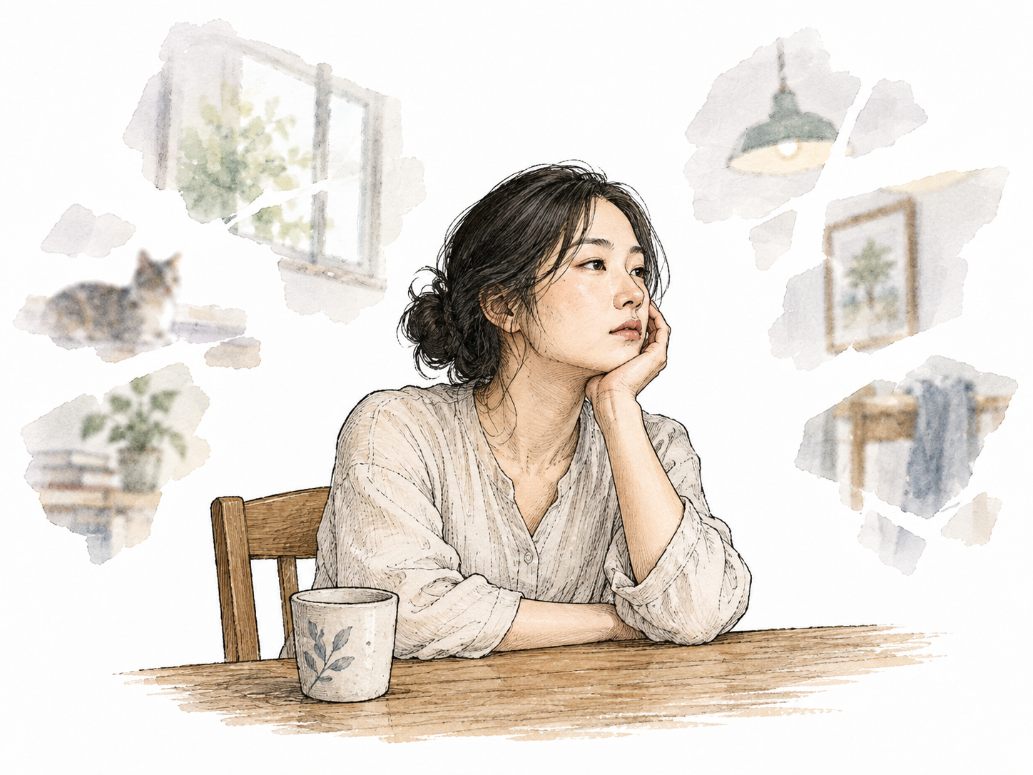 Adult sits in a room with distant gaze, their surroundings rendered as faint disconnected soft-edged fragments while their body remains calmly still; respectful subjective detachment, no horror.