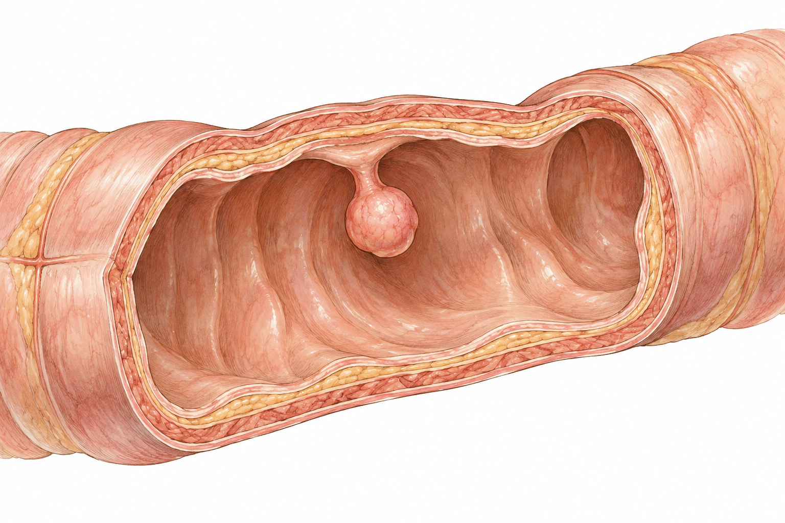 Tasteful anatomical cutaway of an intestinal wall showing one small smooth pink tissue polyp protruding into the hollow interior on a short stalk, surrounding wall healthy and smooth.