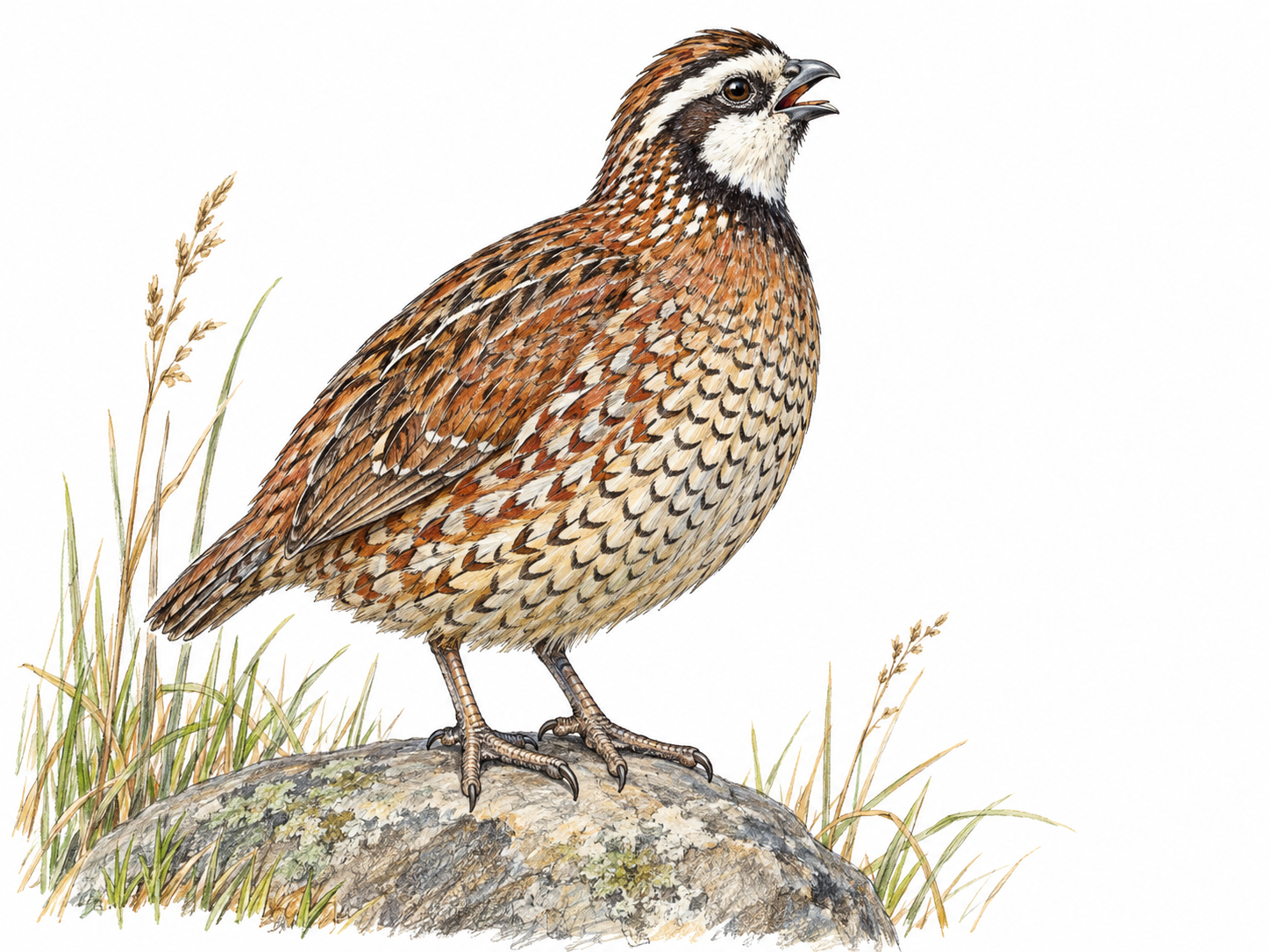 A male northern bobwhite standing on a low field stone, beak slightly open in a calling posture.