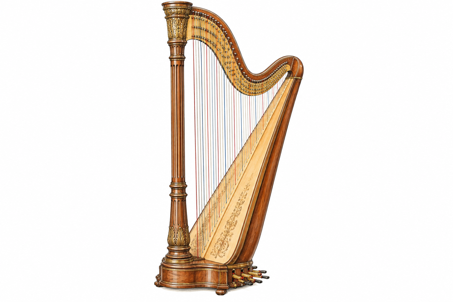 Full-size concert pedal harp alone on white, strings soundboard pillar and pedals accurately visible.