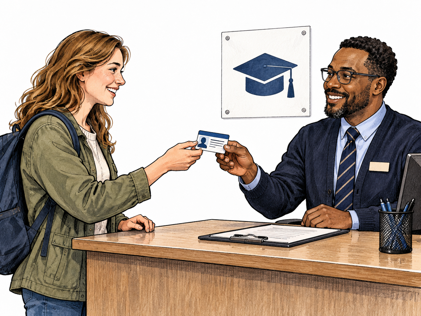 An adult new student completes enrollment with an admissions clerk, receiving a student card beside a small academic-cap pictogram; no personal data.