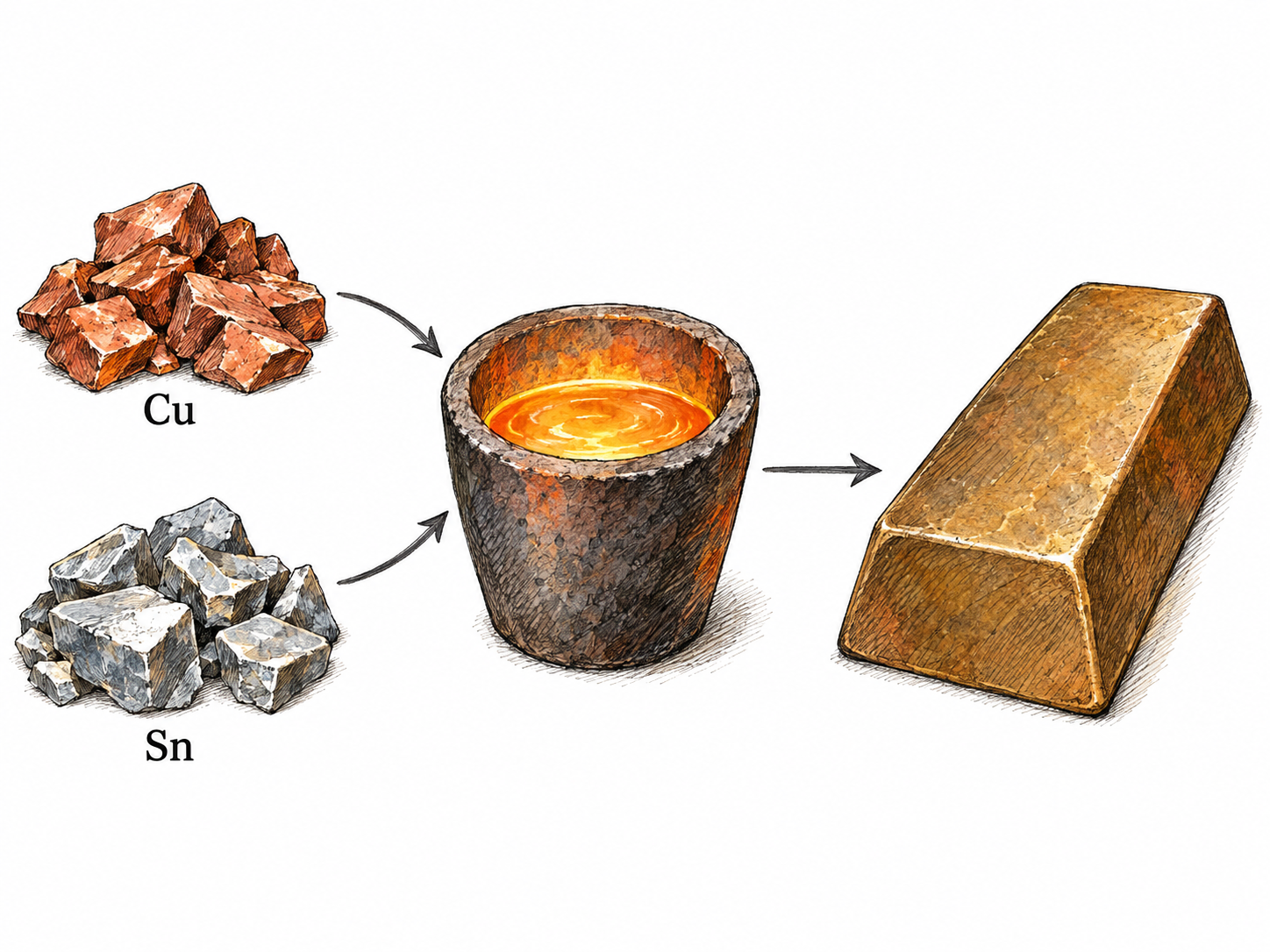 A compact, object-only material sequence shows copper and tin combined in a crucible and cast as one bronze ingot.
