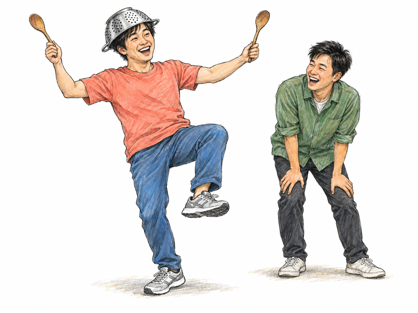 A young man performs a gleefully absurd dance with a colander on his head and wooden spoons held like a conductor’s batons, while his friend laughs at the spectacle.