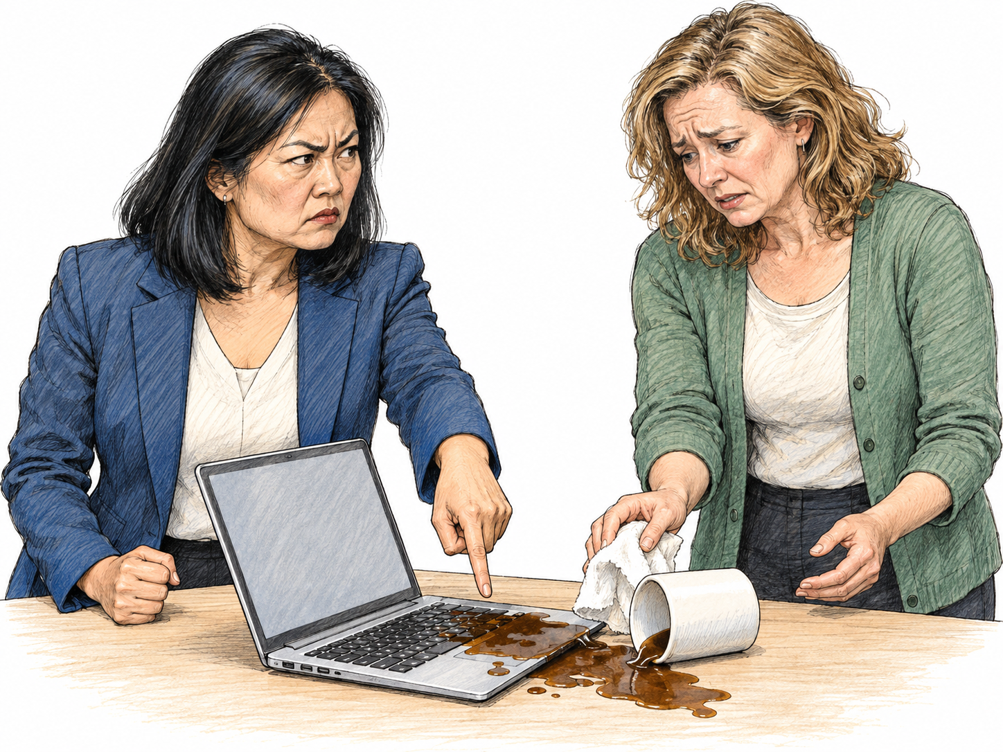A visibly furious woman confronts another woman who has just spilled coffee across her laptop.