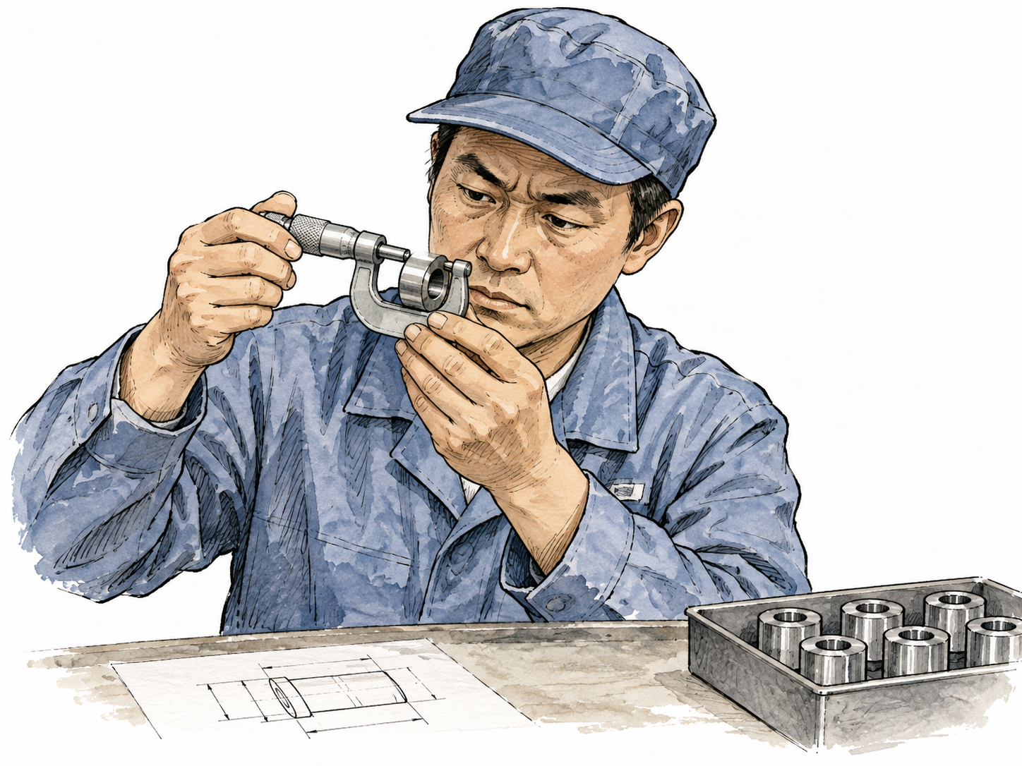East Asian quality inspector uses a precise gauge to check a machined part against tight standards.
