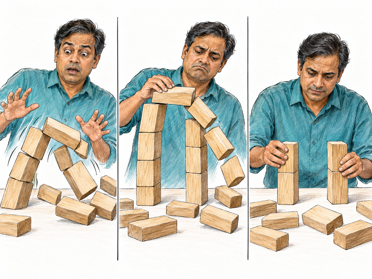 A three-panel sequence shows a man repeatedly attempting a difficult freestanding wooden-block arch: it collapses twice, but he begins rebuilding it again rather than giving up.