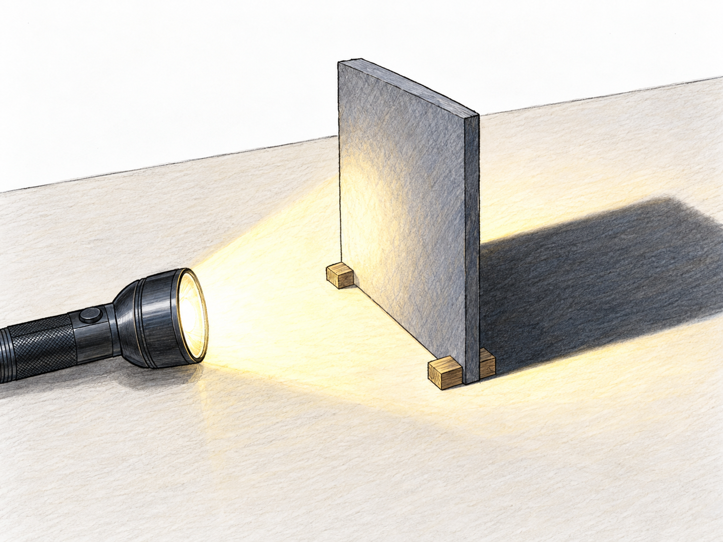 A switched-on flashlight shines onto a solid upright panel, producing a bright spot on its near face and a sharply defined dark shadow behind it.