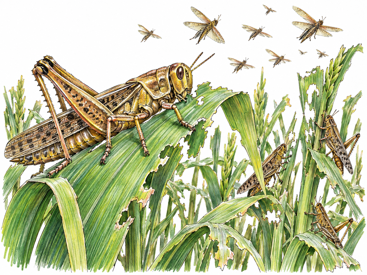 A clearly recognizable locust feeding on a ragged cereal leaf in the foreground, with other locusts stripping adjacent stalks and a small airborne swarm behind them.