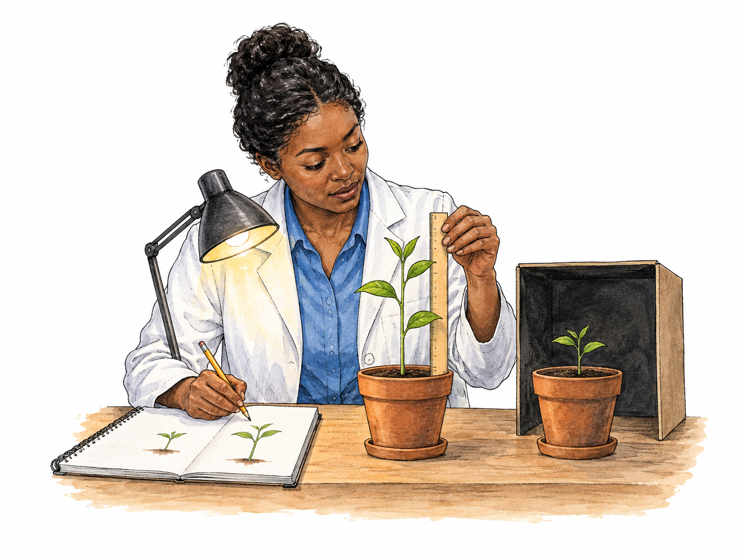 A researcher compares two identical seedlings receiving different amounts of light, measuring their heights with an unnumbered simple ruler and recording small pictorial observations on blank-notebook shapes.