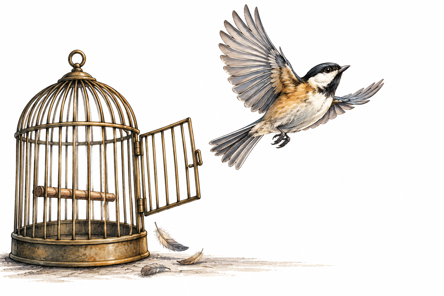 A small bird flies out of an open cage into clear open space, escaping confinement.
