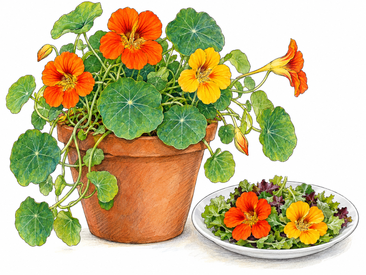 A flowering nasturtium in a simple garden pot, with conspicuous round, radiating-veined leaves and bright orange and yellow flowers; a small plate of salad topped with matching blossoms makes their edible use visible.