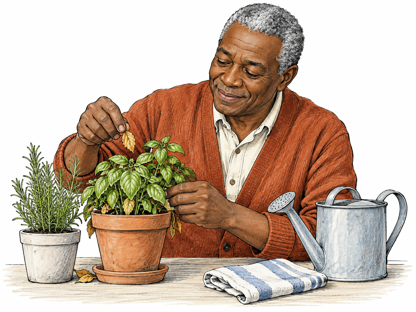 Relaxed older man casually tidies a small windowsill garden, picking a dry leaf from potted herb, watering can and folded cloth nearby for little tasks, unhurried expression, minimal vignette on white.