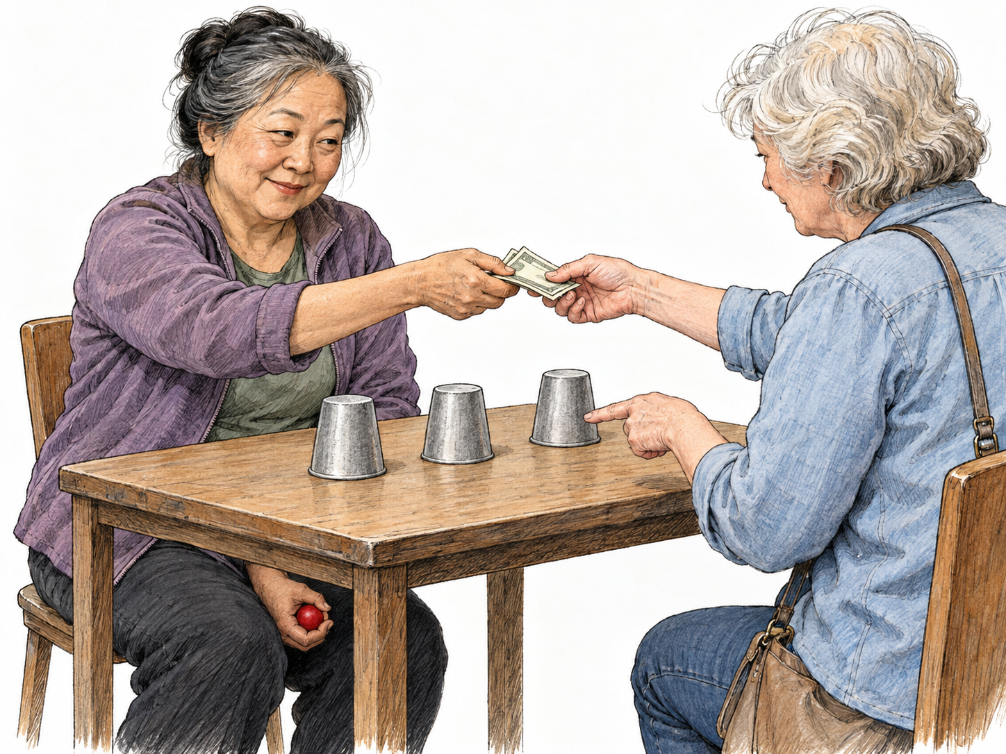 A dishonest shell-game operator accepts a customer's money while secretly holding the game's ball beneath the table, making the customer's apparent chance of winning a deception.