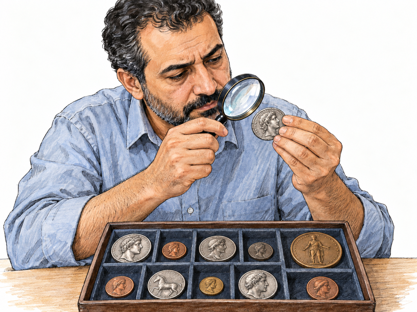 A coin collector carefully examines an old coin through a magnifying glass beside an open compartmented collection tray containing varied coins and a medal.