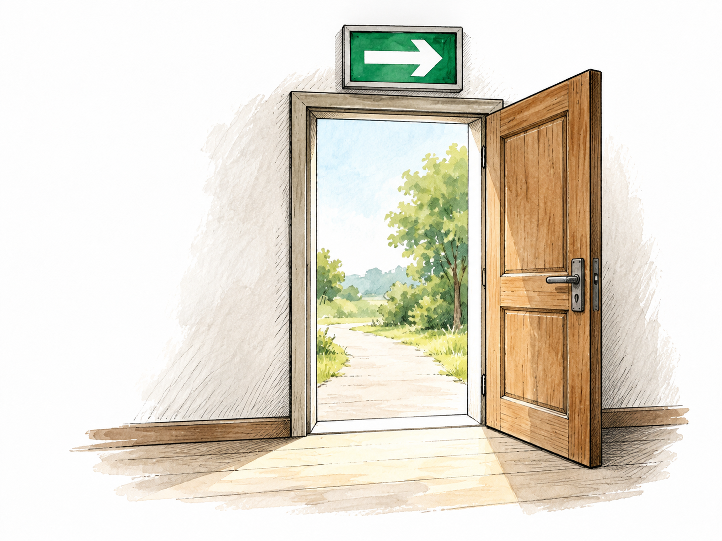 An open doorway offers a clear way out of a room, simple exit arrow above, no text.