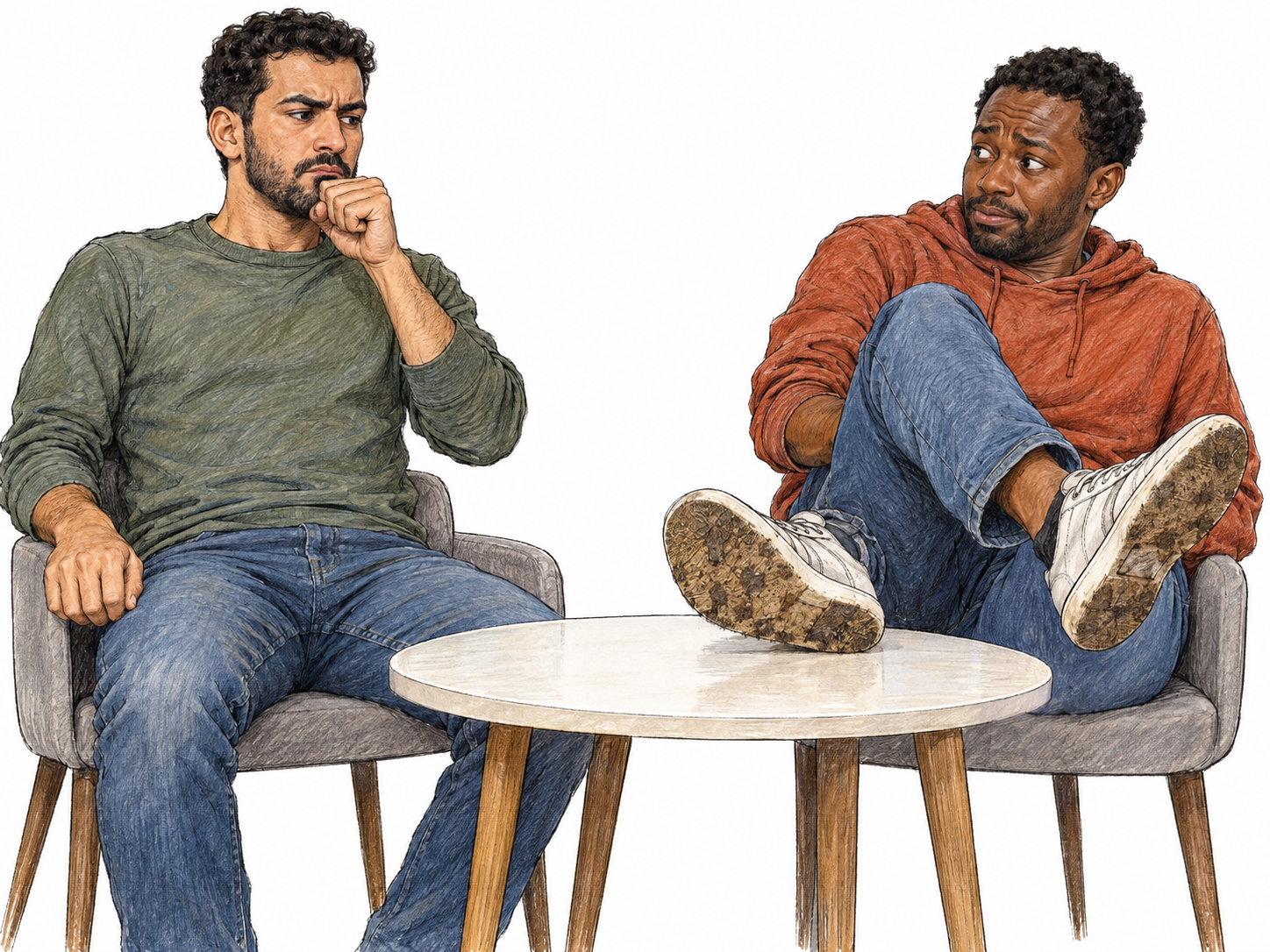 A visibly disapproving throat-clear interrupts someone putting dirty shoes on a clean coffee table: the annoyed man straightens stiffly, brings a loose fist below his slightly open mouth, and fixes the offender with a narrowed sideways stare.