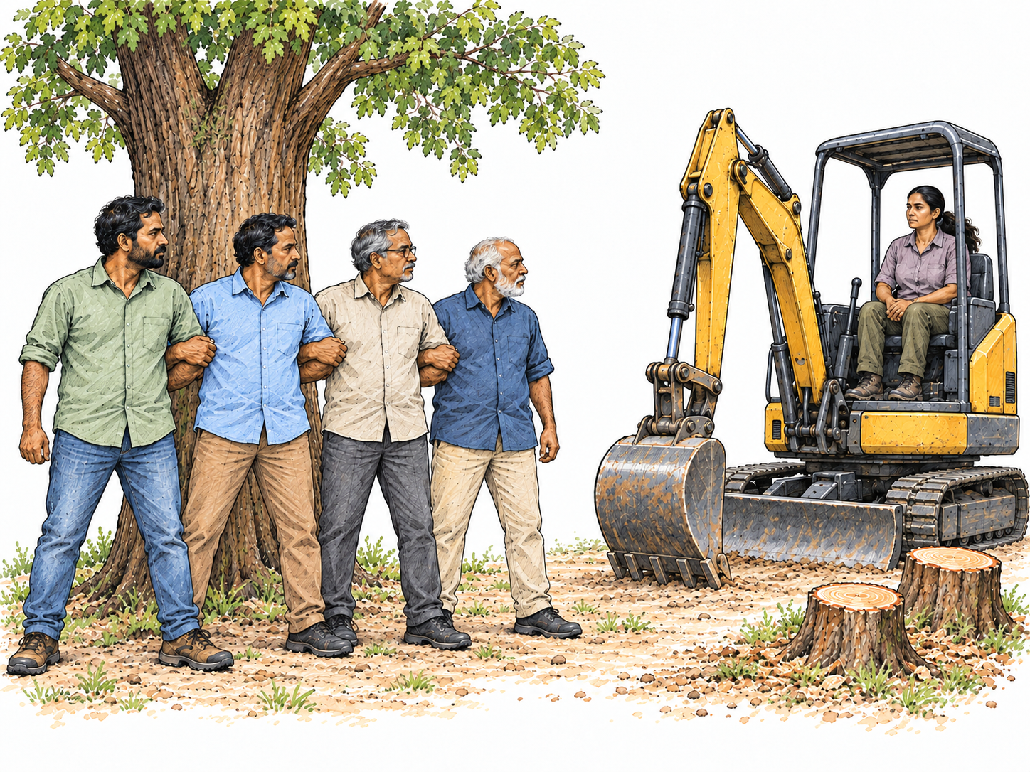 A determined, peaceful environmental campaign: a coordinated group protects a mature tree from clearance by linking arms across the path of a stopped excavator.