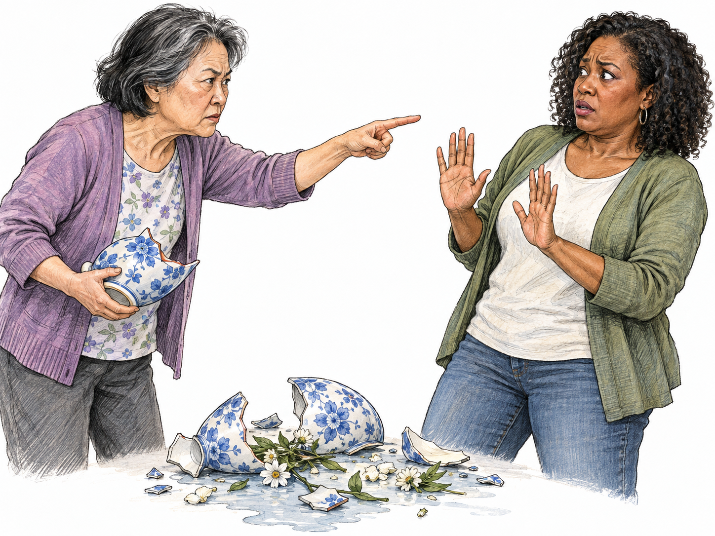 Beside the shattered remains of a vase, a stern woman holds up a matching broken piece while pointing directly at another woman, who recoils with open palms.