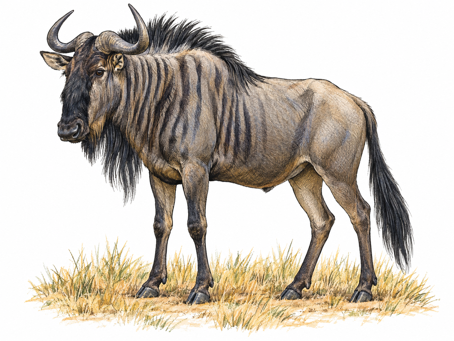 A single adult blue wildebeest shown in clear three-quarter side view, emphasizing its shaggy mane, beard, heavy forequarters, sloping back and curved horns.