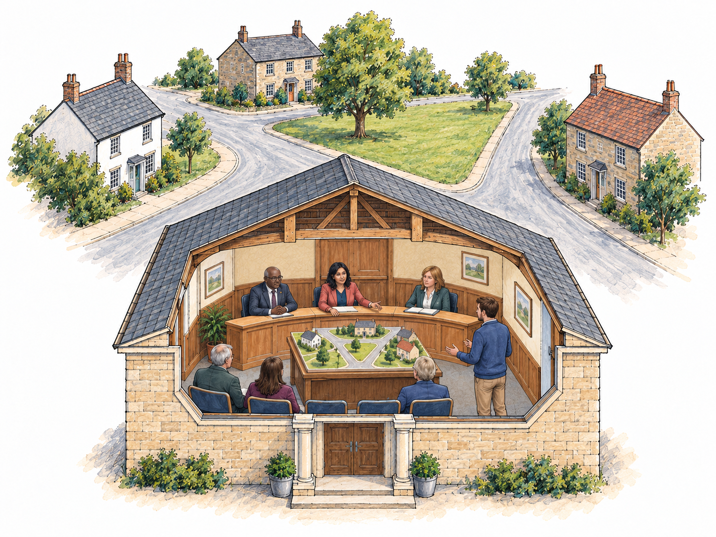 A compact town with its own council visibly meeting inside its central civic hall.