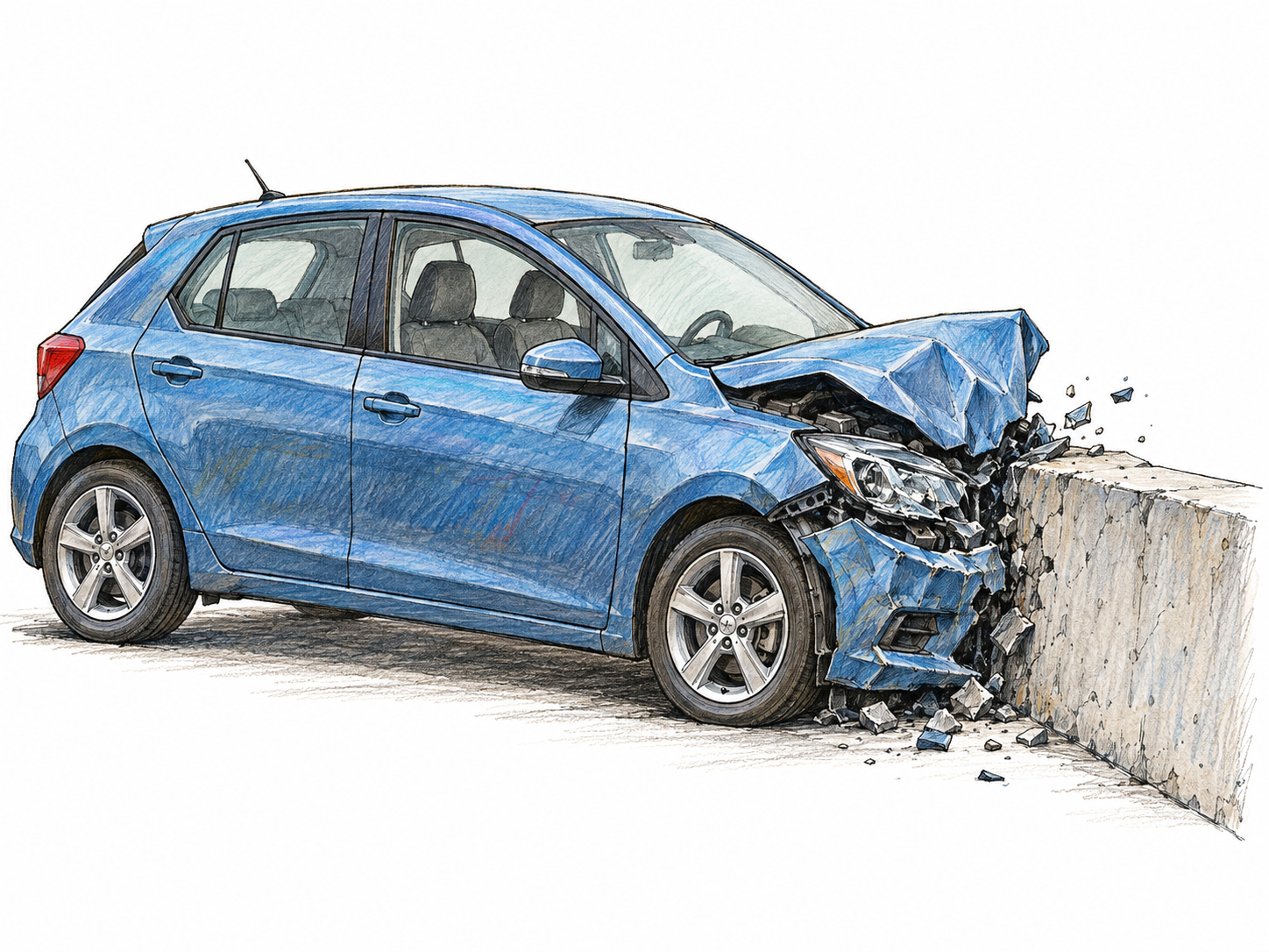 A small unoccupied car crashing nose-first into a concrete barrier, with a visibly crumpled hood and a few fragments flying from the point of impact.