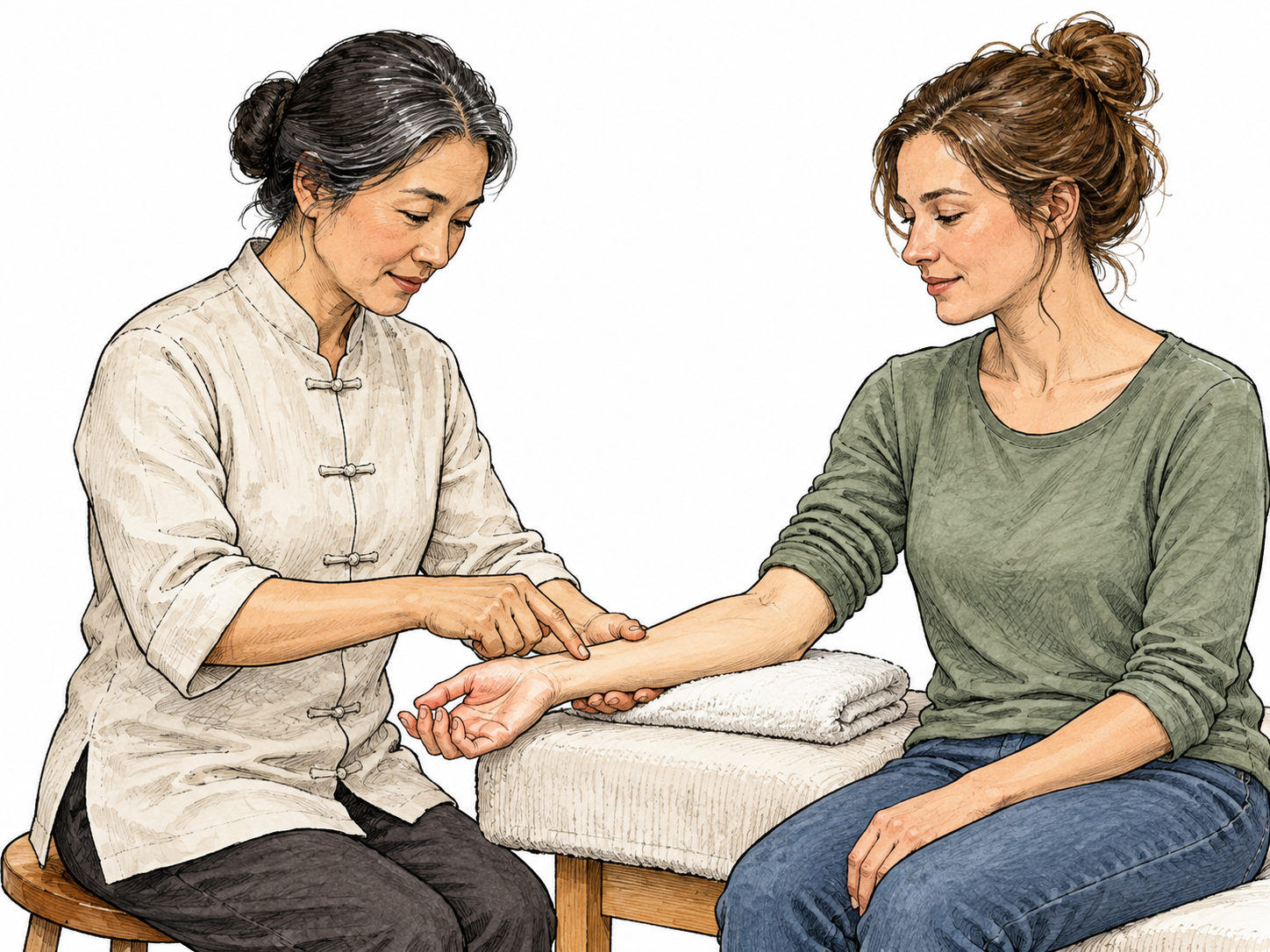 A licensed-looking adult East Asian therapist uses a fingertip to apply gentle focused pressure to a consenting adult client's clothed forearm near the wrist, calm neutral room, no text or medical outcome claims.