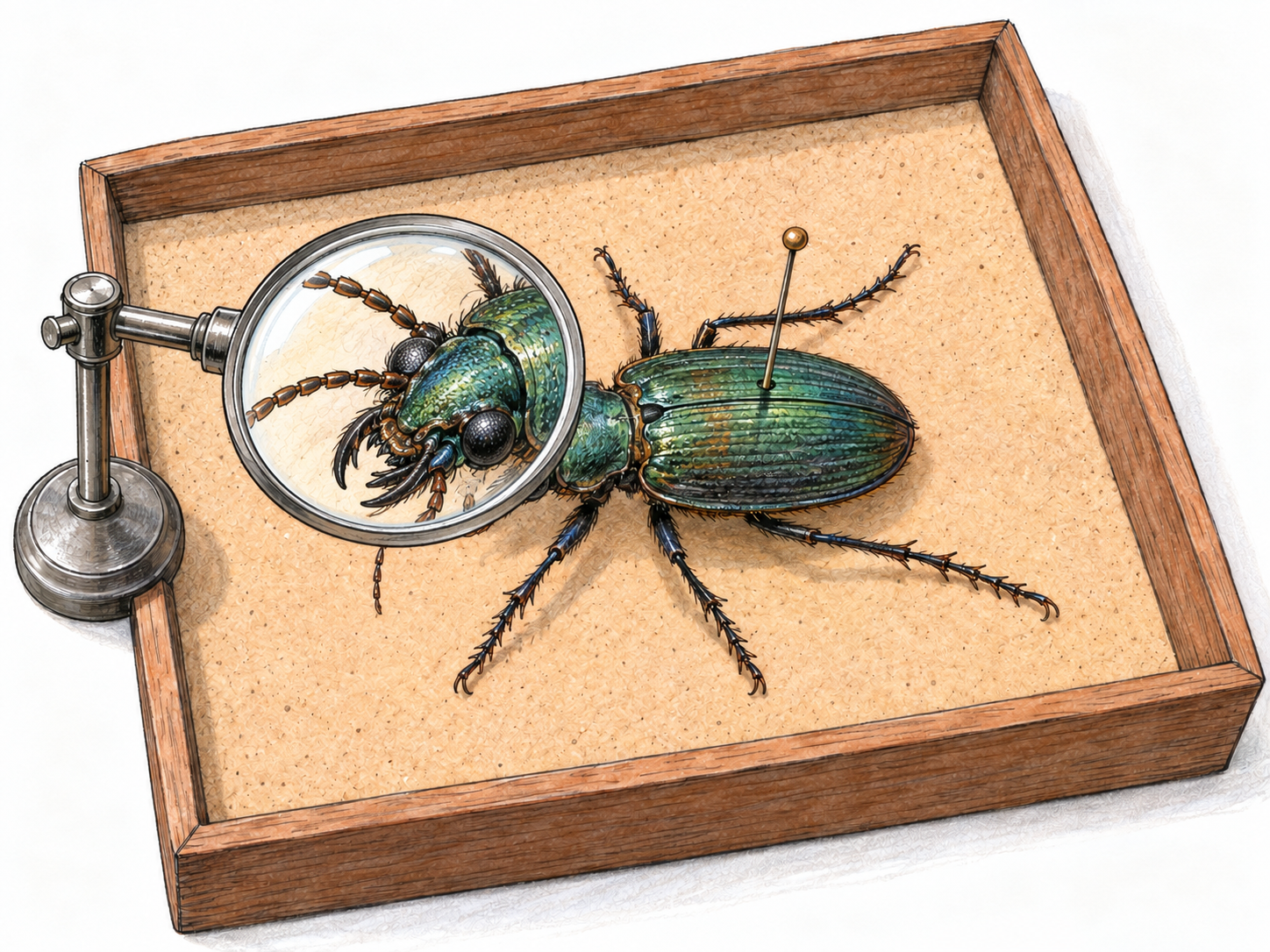 A single preserved beetle mounted on an entomology pin in a small scientific display tray, with a magnifying lens positioned over it for study.