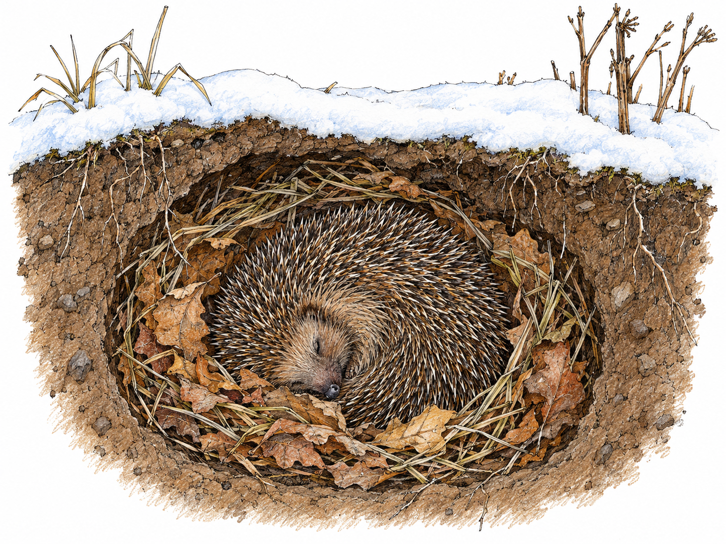 A hedgehog curled tightly asleep in a leaf-lined underground winter nest, shown in a simple earth cutaway beneath snow-covered ground.