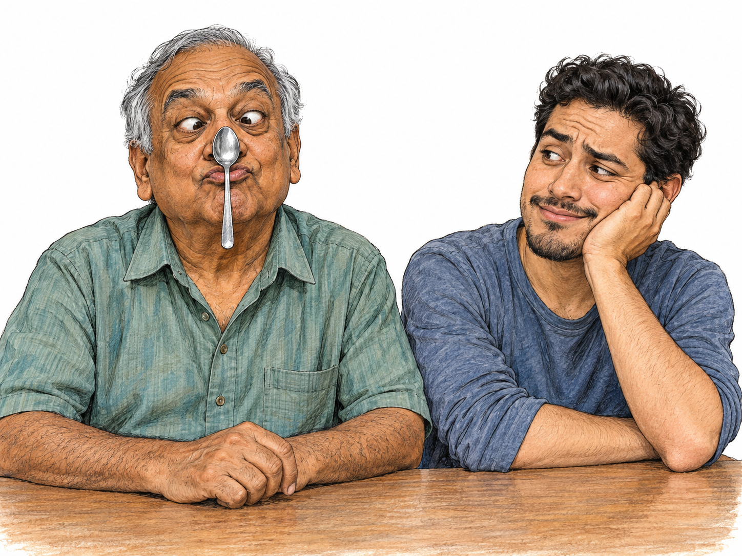 An older man makes a deliberately silly, cross-eyed face while balancing a spoon on his nose; a younger companion watches with a bemused, mildly exasperated expression.