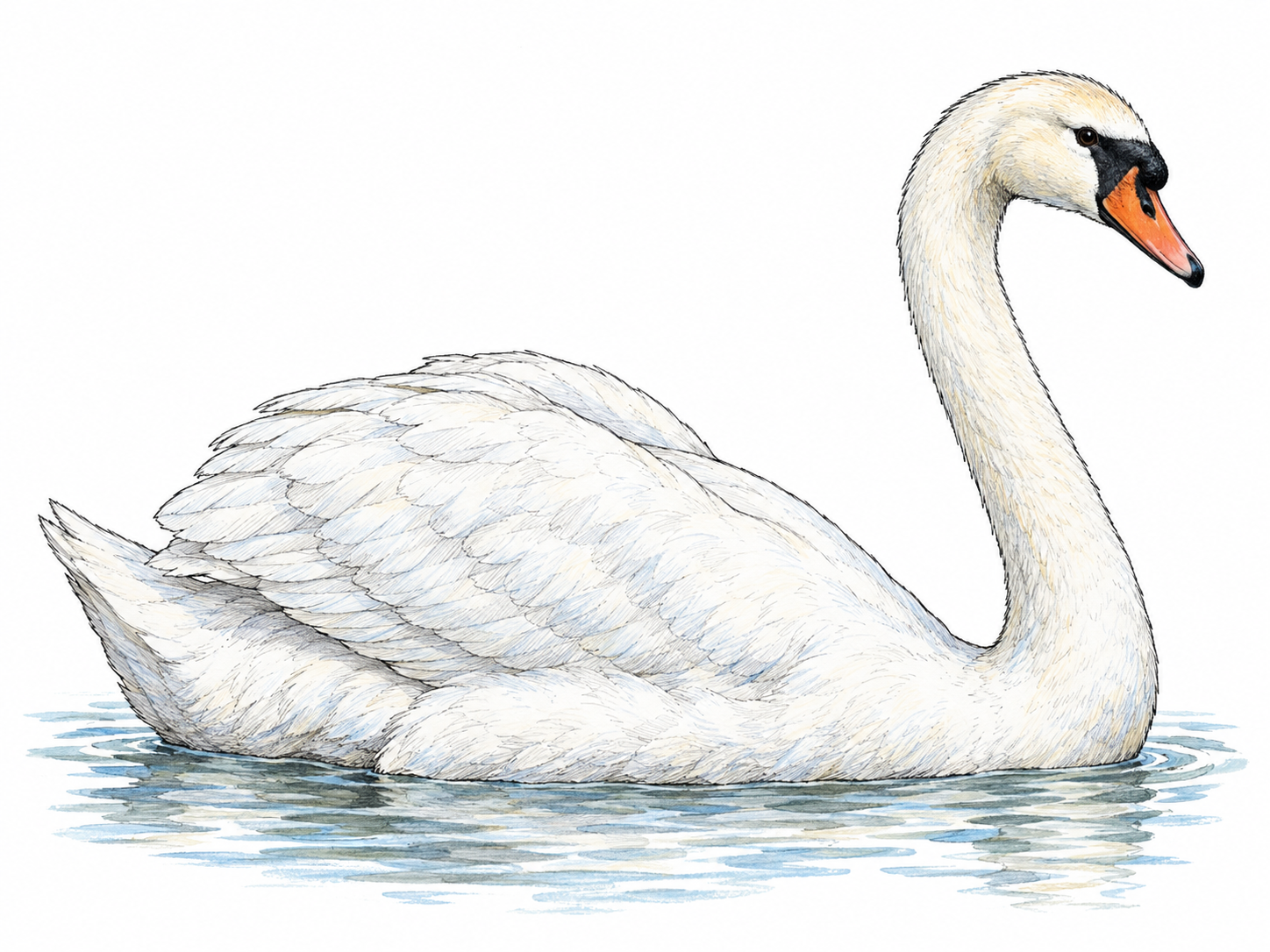 One adult white swan floating in profile on a small patch of calm water, its large body and gracefully curved long neck clearly visible.