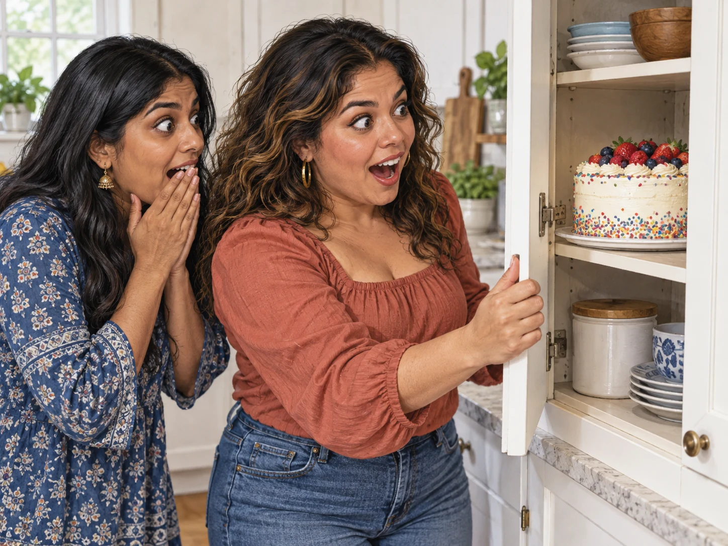 A Latina adult opens a cupboard and discovers her missing birthday cake hidden inside; her eyes widen while a South Asian friend beside her reacts in surprise. The open door makes the previously hidden cake visible. No lettering or numerals on the cake.