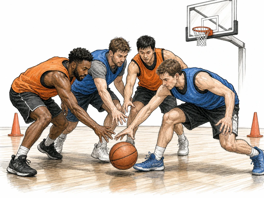 Four adult basketball players in plain practice bibs—two orange, two blue—crowd around a loose basketball, crouching and reaching to gain possession during a scrimmage. A single hoop and two training cones establish an otherwise empty practice gym. Use bold silhouettes and a tight, uncluttered composition readable at 340×255; no lettering.