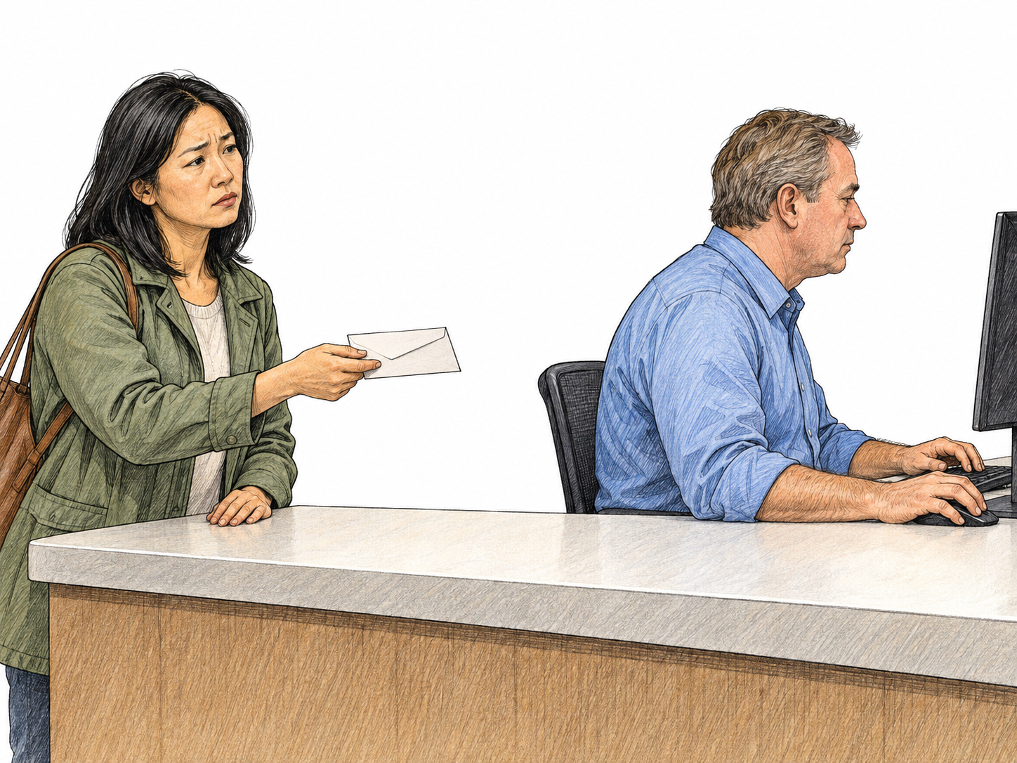 A woman offers an envelope at a service counter while the clerk turns away to his computer, leaving her request unacknowledged. Both of his forearms rest naturally on the desk.