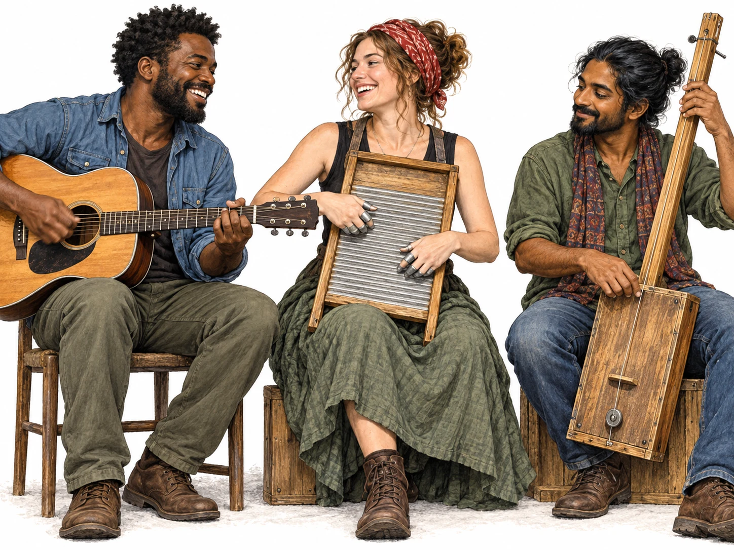 Three contemporary friends play acoustic folk music together: a Black man strums a guitar, a white woman scrapes a washboard with thimbles, and a South Asian man plucks a homemade one-string tea-chest bass. Show the simple instruments clearly, no stage signage.
