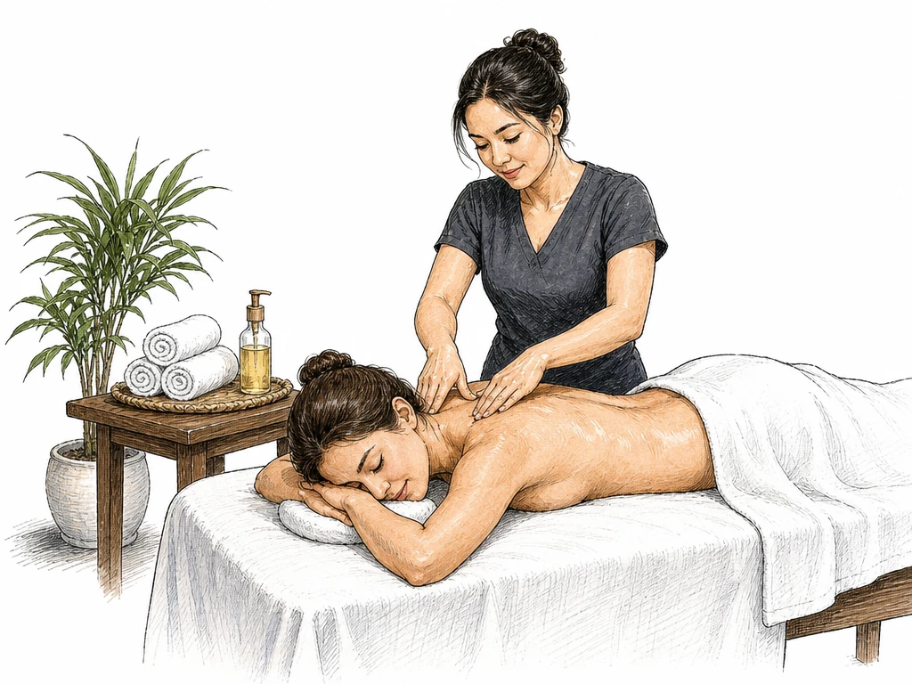 In a calm spa treatment room, an adult client lies face-down on a massage table, covered from the waist down with a white towel, while a massage therapist gently kneads the client’s shoulders. A small side table holds neatly rolled towels and a bottle of massage oil; one potted plant adds a relaxing touch. Use a simple, uncluttered composition with no lettering.