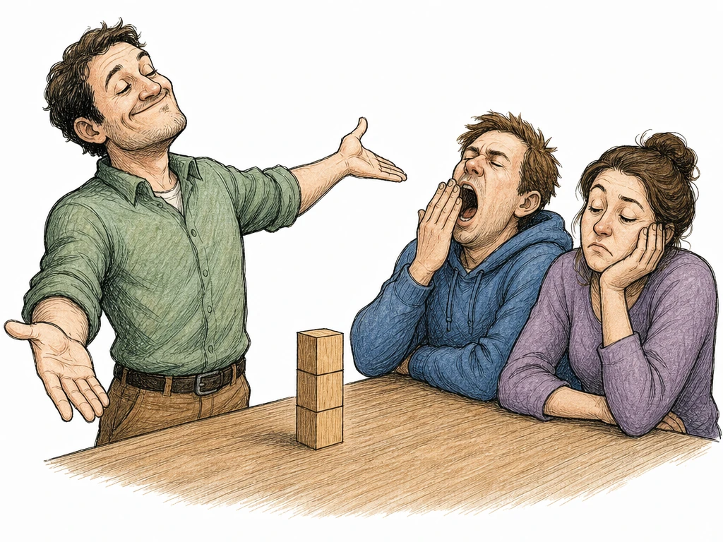A proud adult builder gestures grandly toward a tiny, plain tower of just three wooden blocks on a table. Two adult onlookers remain visibly unimpressed: one yawns while the other rests a cheek in one hand with half-closed eyes. Simple background, bold silhouettes, and no lettering; keep the modest tower and bored reactions clear at 340×255.