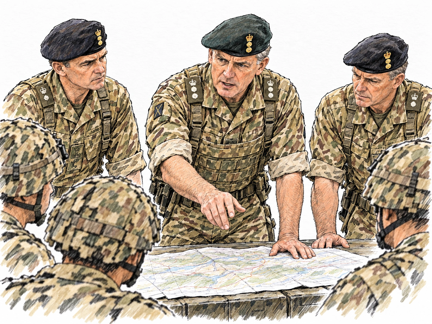 British army brigadier in field uniform leads briefing with two colonels and battalion officers over map, authority clearly established.